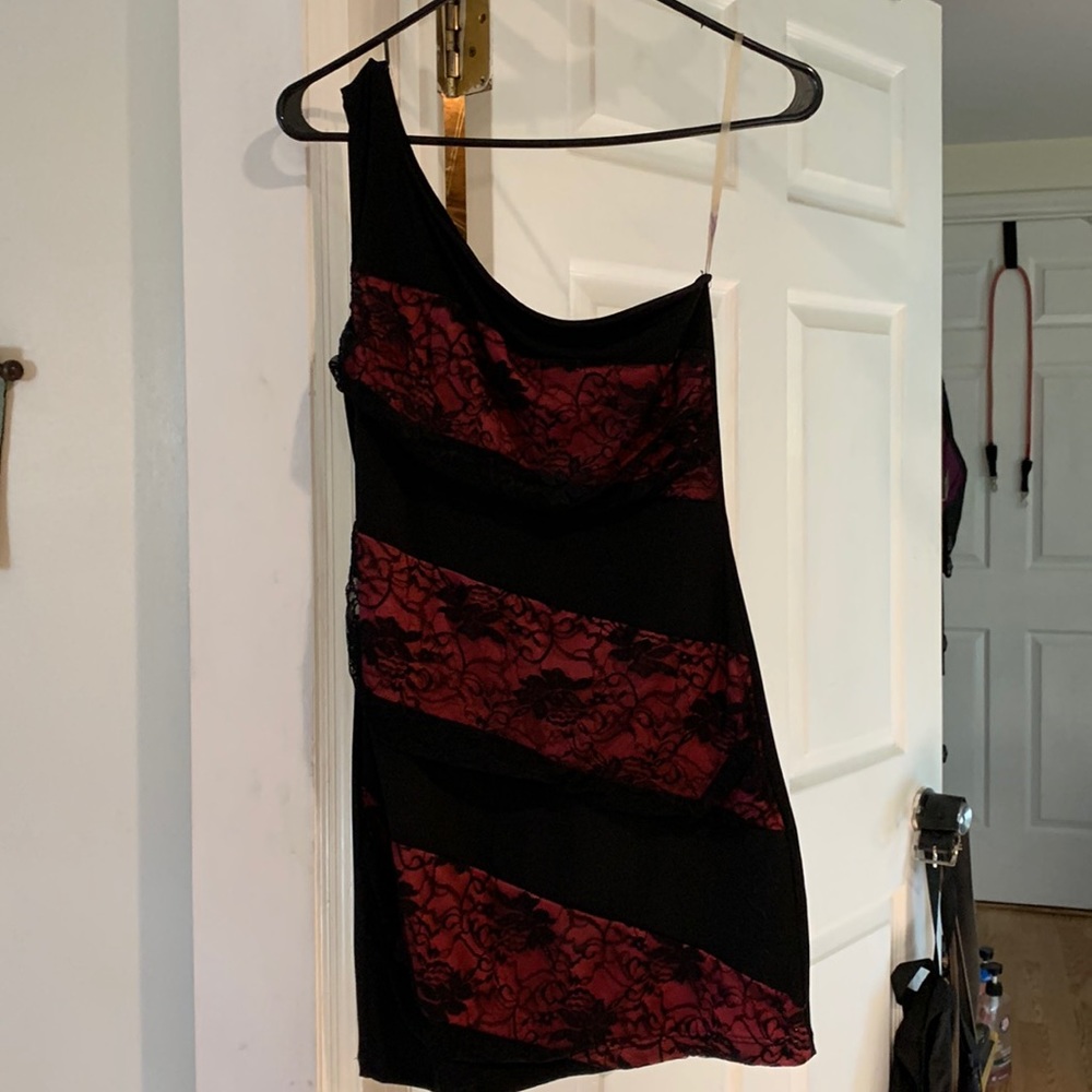 Black & red lace off shoulder dress. Size L